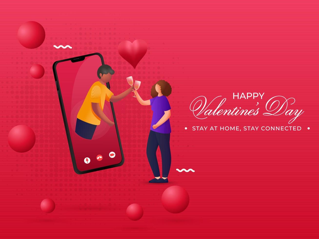 Young Couple Enjoying Drinks Through Video Call On The Occasion Of Happy Valentine's Day Stay At Home, Stay Connected. vector