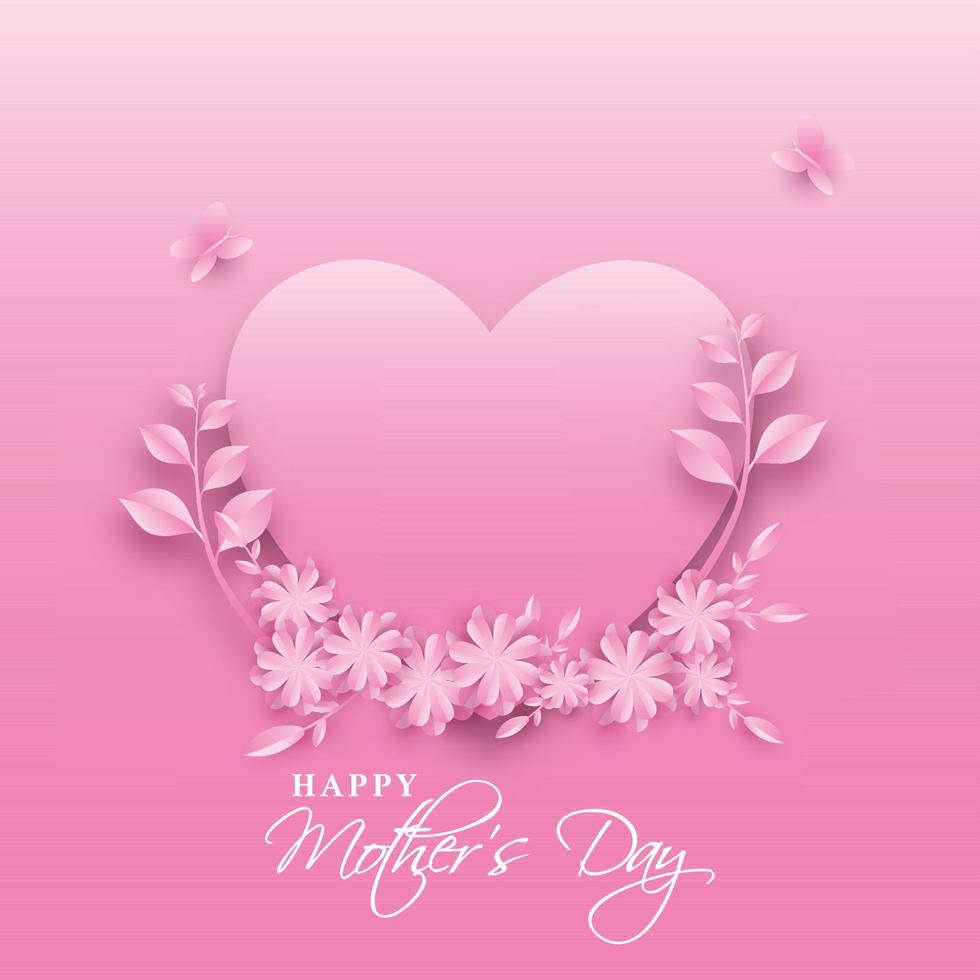 papel cortar flores con hojas y mariposas decorado vacío corazón forma dado para mensaje en lustroso rosado antecedentes para contento de la madre día. vector