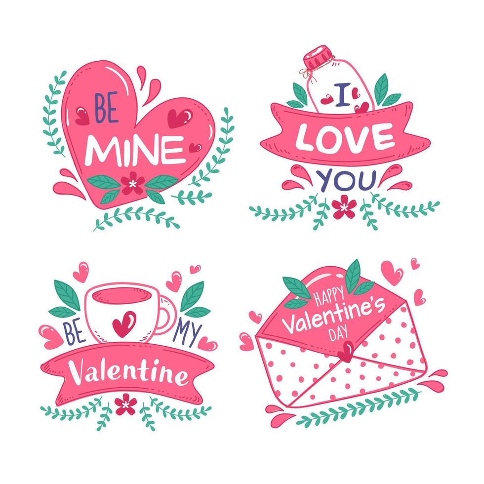 Happy Valentine's Day Message like as Be My Valentine, Be Mine, I Love You Font with Hearts, Coffee Cup, Jar and Envelope on White Background. vector