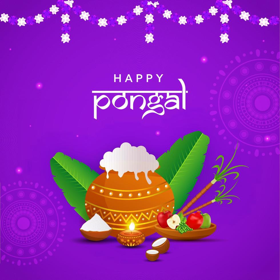 Happy Pongal Celebration Poster Design With Traditional Dish In Mud Pot, Fruits, Banana Leaves, Sugarcane On Purple Background. vector