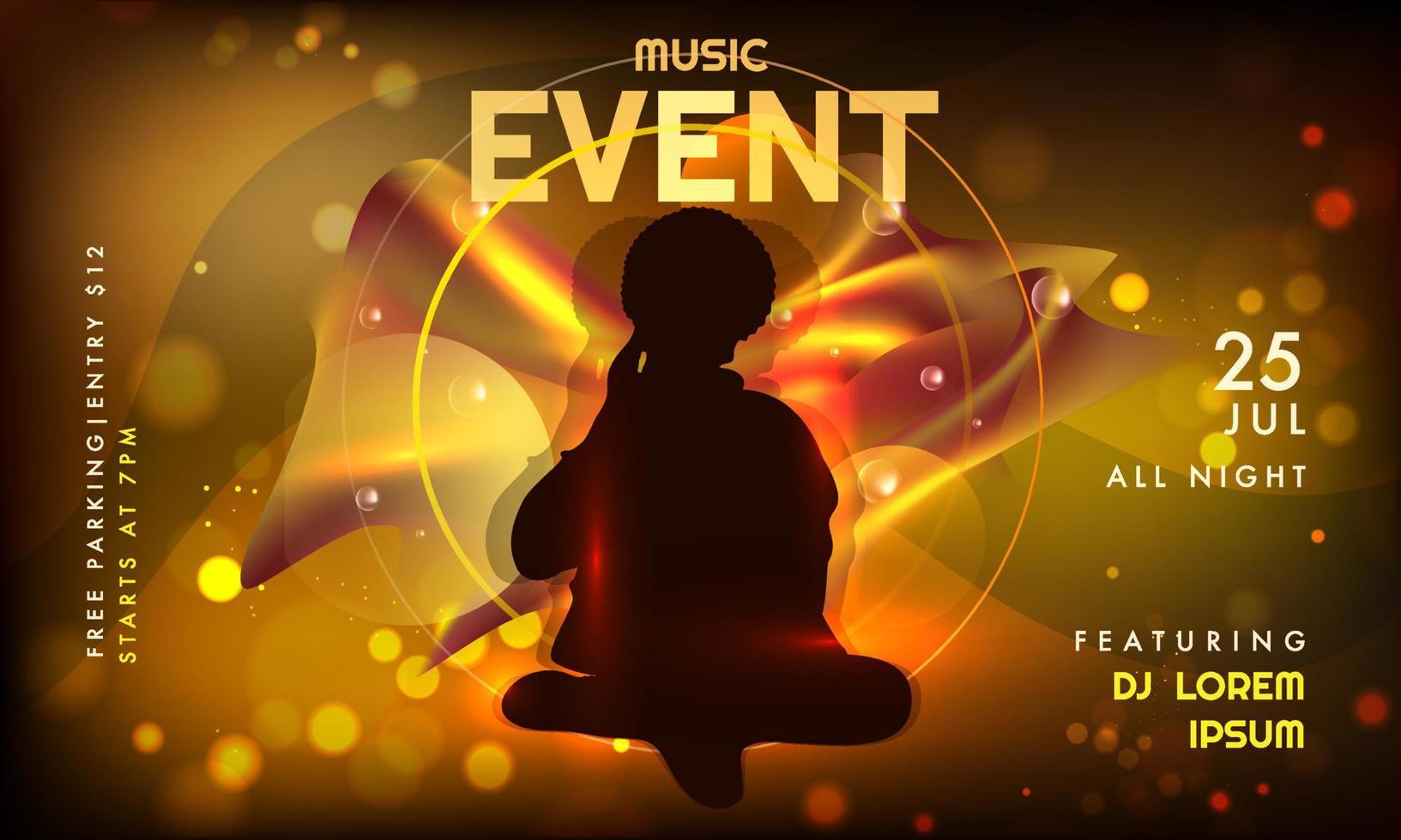 Music Event Invitation, Banner or Flyer Design with Silhouette Modern Female on Golden Silk Fabric Bokeh Background. vector