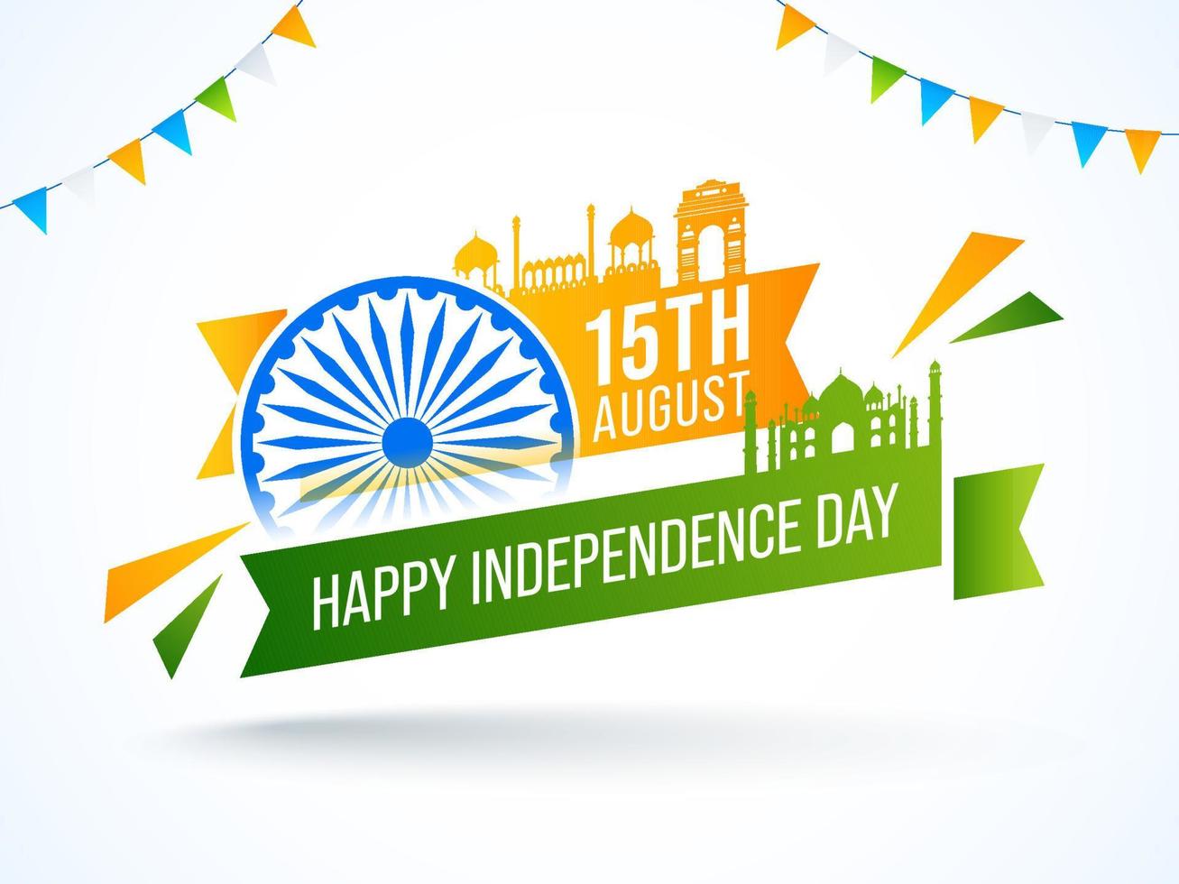 15th August, Happy Independence Day Text with Ashoka Wheel, Famous Monuments of India and Bunting Flags Decorated on White Background. vector