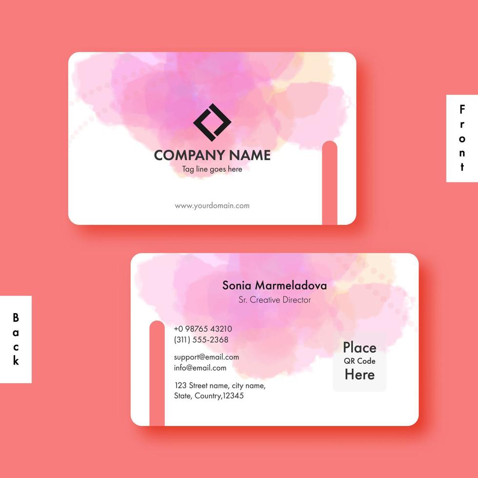 Editable Business Or Visiting Cards With Watercolor Effect In Front And Back View. vector