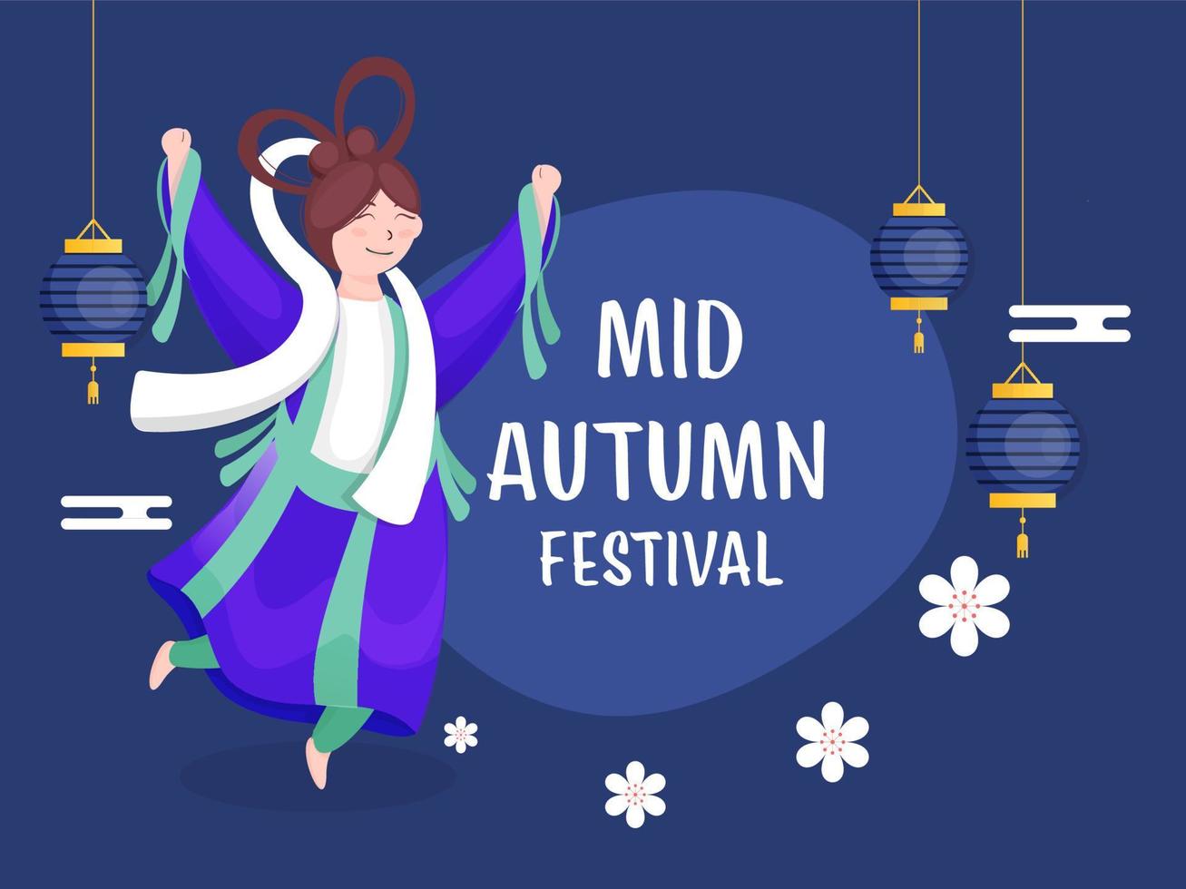 Chinese Goddess Character in Jumping Pose with Flowers and Hanging Lanterns Decorated on Blue Background for Mid Autumn Festival. vector