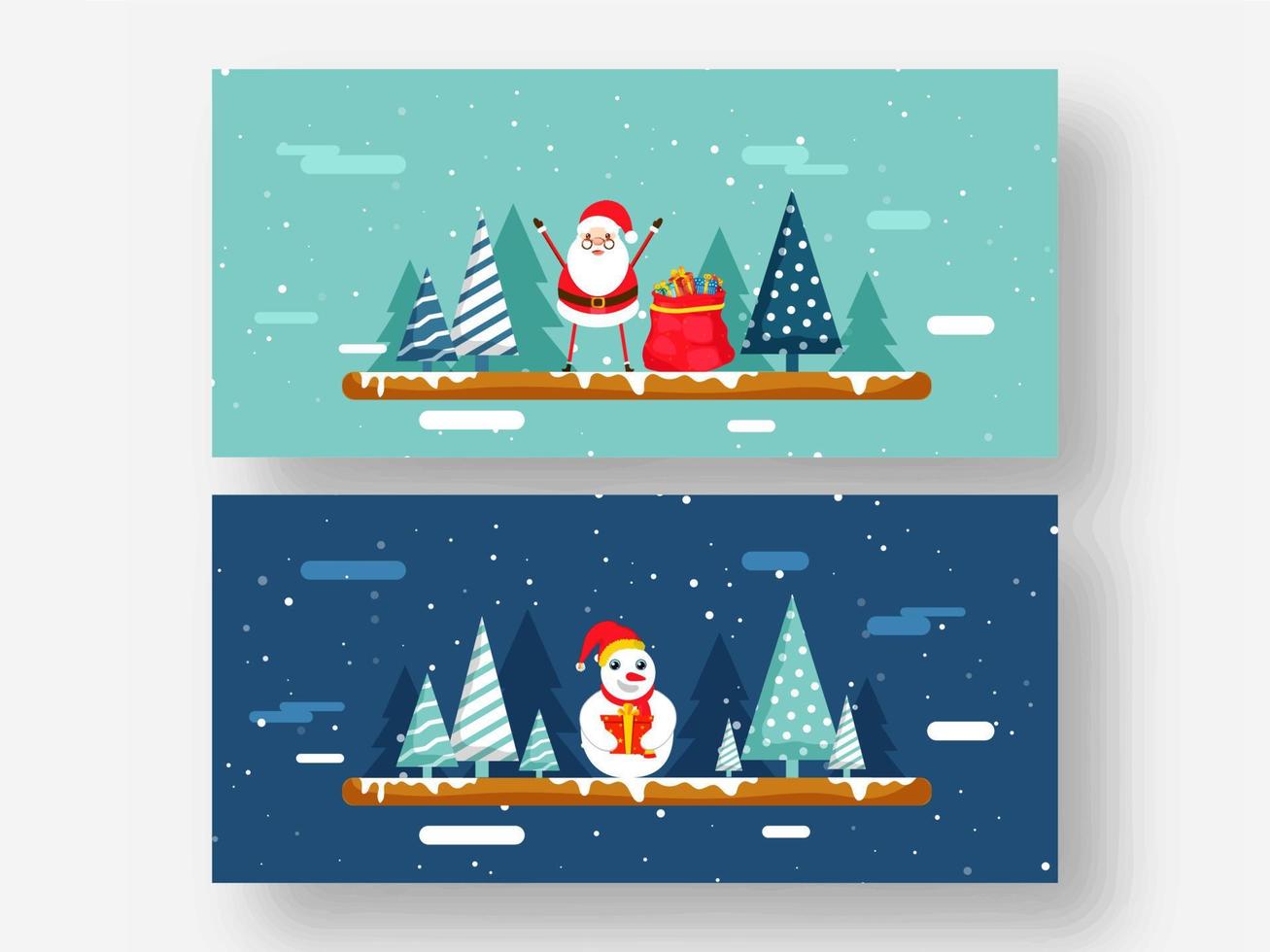Illustration of Happiness Santa Claus with Snowman Character, Gift Boxes and Xmas Trees on Snowfall Background in Two Color Option. vector