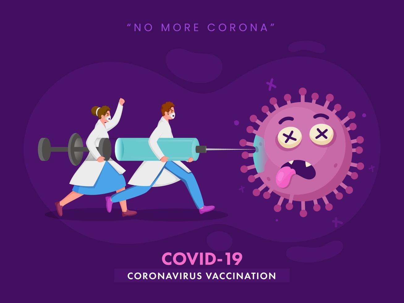 Man And Woman Doctors Fighting With Coronavirus Using Vaccine Injection On Purple Background For No More Corona Or Covid-19. vector
