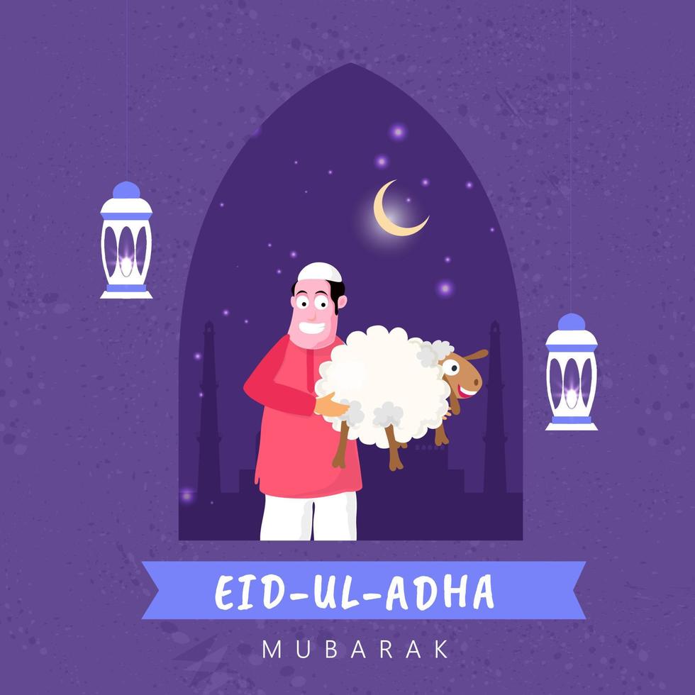 alegre musulmán hombre participación dibujos animados oveja con colgando iluminado linternas y creciente Luna en púrpura resumen antecedentes para eid-ul-adha Mubarak concepto. vector
