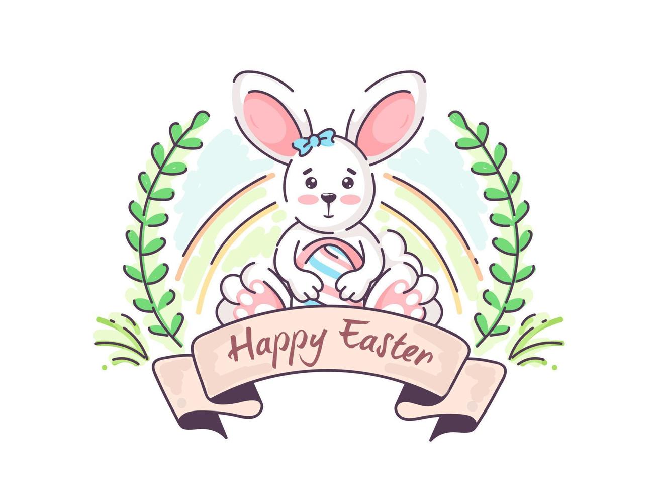 Cute Bunny holding Printed Egg with Green Leaves on White Background for Happy Easter Celebration. vector