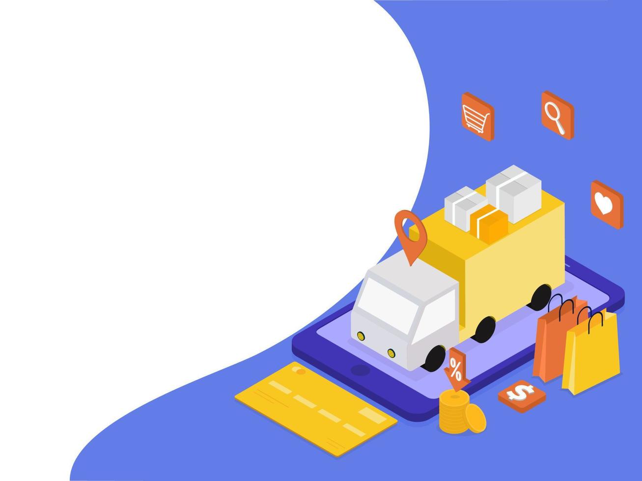 Isometric Illustration of Online Location Tracking Delivery Truck in Smartphone with Packages, Carry Bags and Payment Card on Blue and White Background. vector