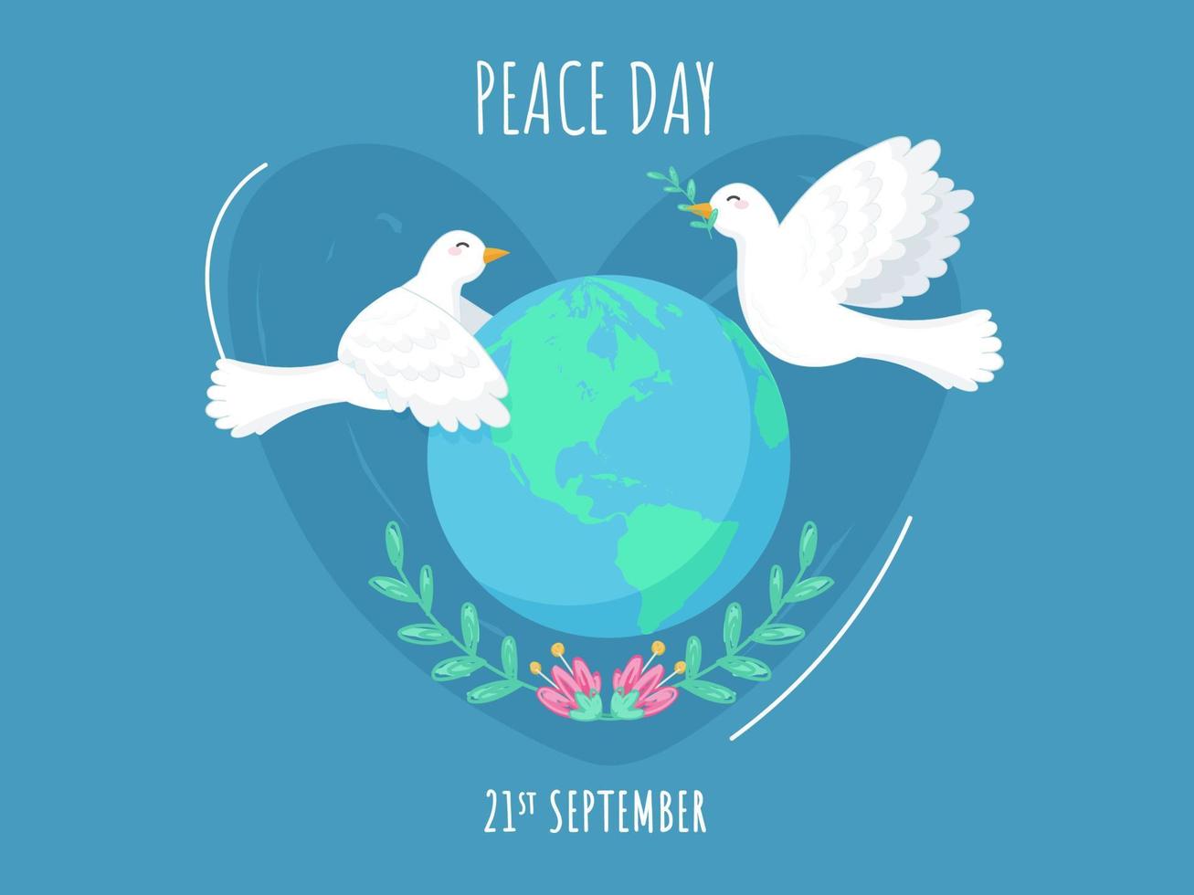 21 septiembre paz día póster diseño con tierra globo, floral y volador palomas en azul antecedentes. vector