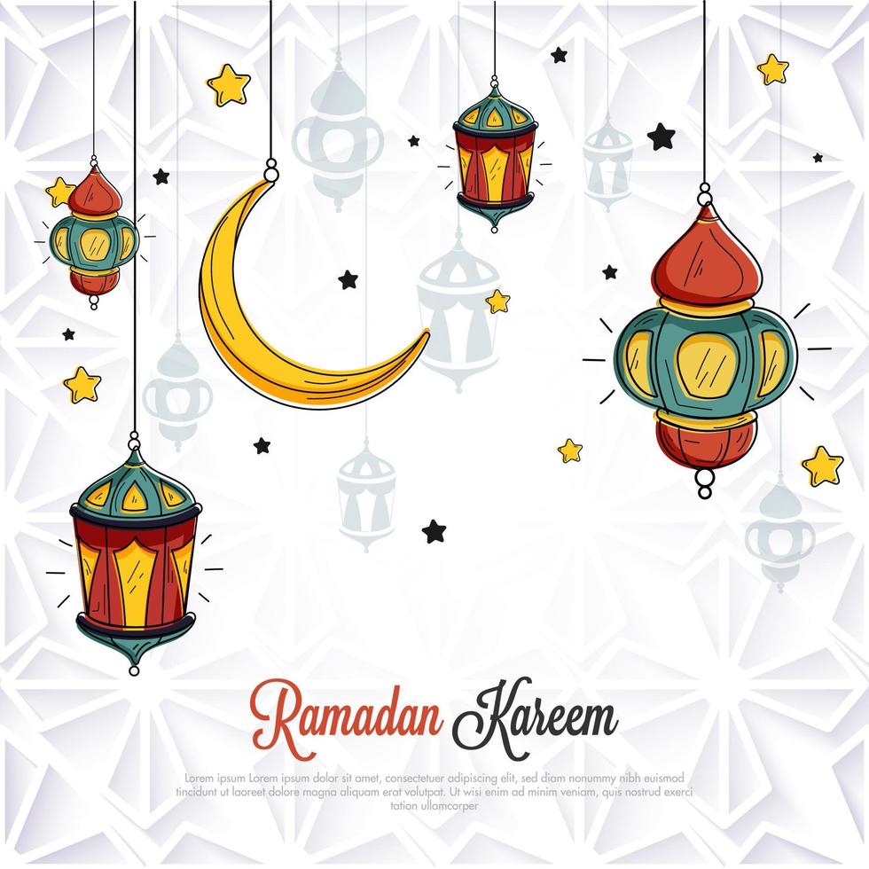 Ramadan Kareem Celebration Poster Design with Hanging Crescent Moon, Lanterns and Stars Decorated on Laser Cut Arabic Pattern Background. vector