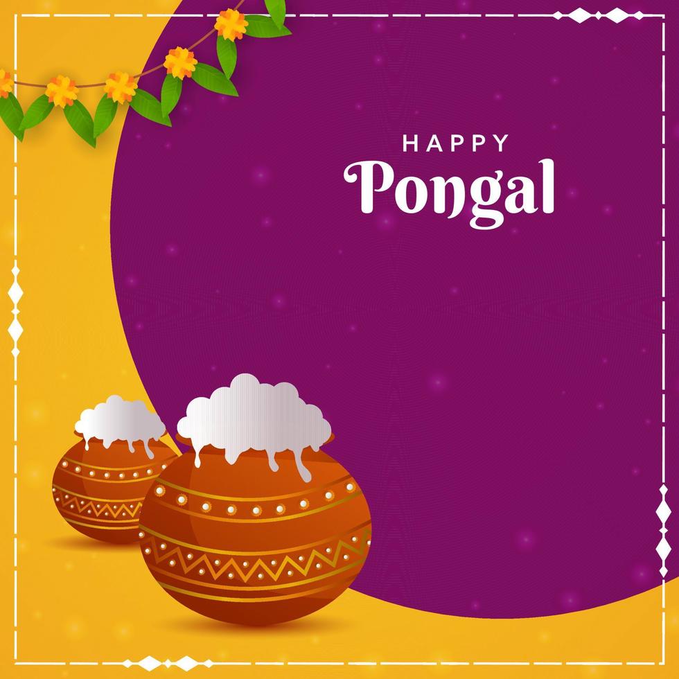 Dark Magenta And Yellow Background With Traditional Dish In Mud Pots Illustration For Happy Pongal Celebration. vector