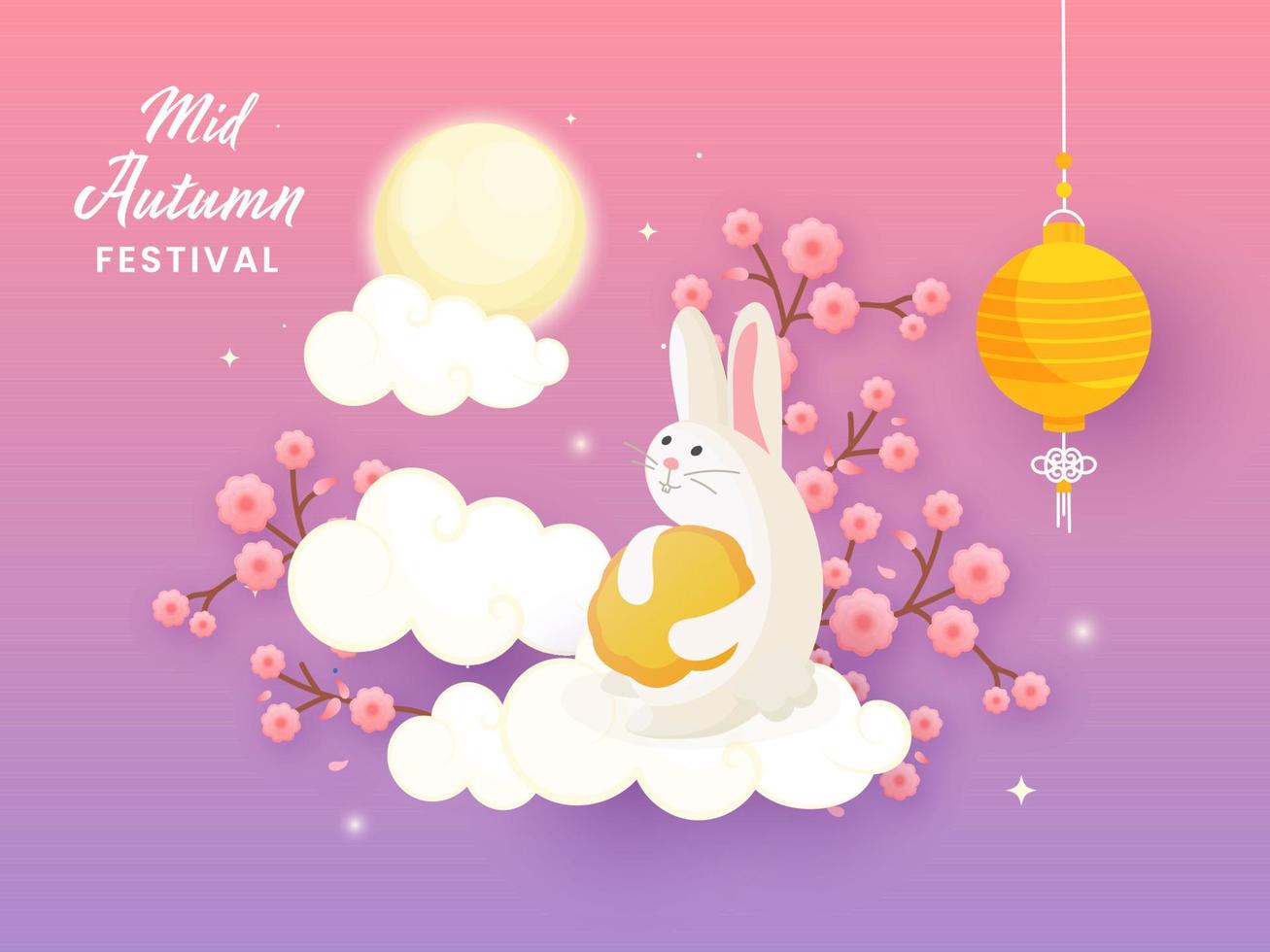 Mid Autumn Festival Concept with Cartoon Bunny Holding Mooncake, Sakura Flower Branch, Clouds and Chinese Lantern Hang on Full Moon Gradient Purple and Pink Background. vector