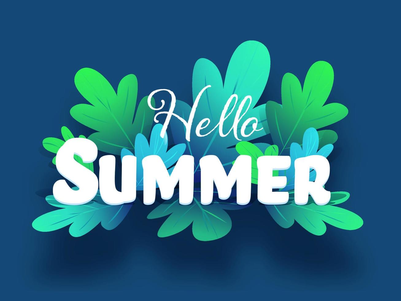 Hello Summer Font on Leaves Decorated Blue Background. vector