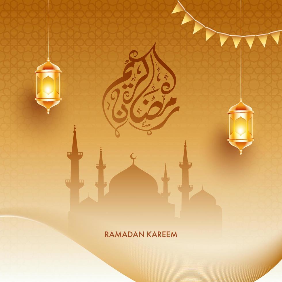 Arabic Calligraphy of Ramadan kareem with Hanging Illuminated Lanterns and Mosque on Golden Arabic Pattern Background. vector