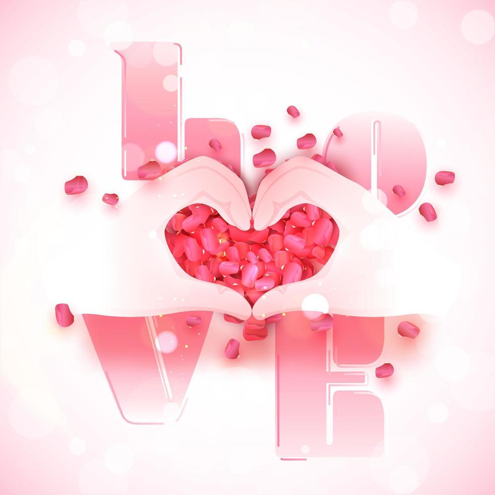 Hands Forming a Heart Shape with Rose Petals on Pink Love Text. vector