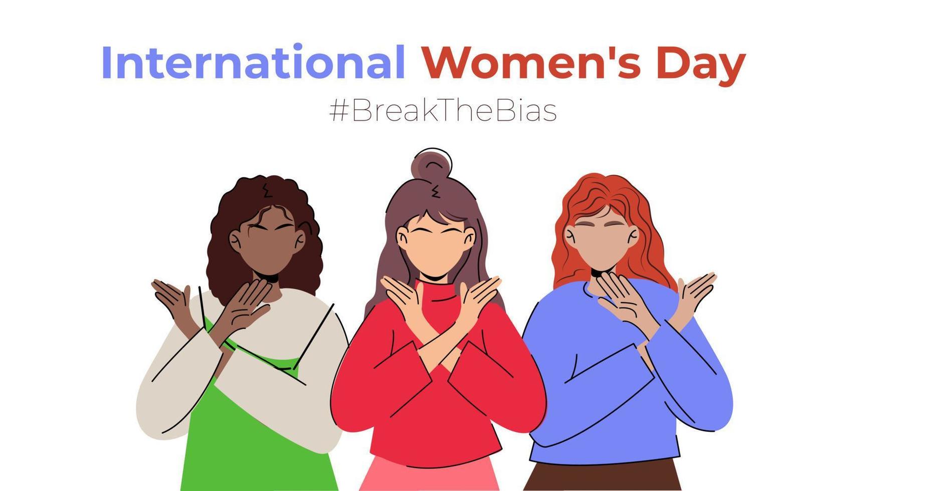 International Women's Day. Break The Bias campaign. March 8. different but equal girl crossed arms. vector