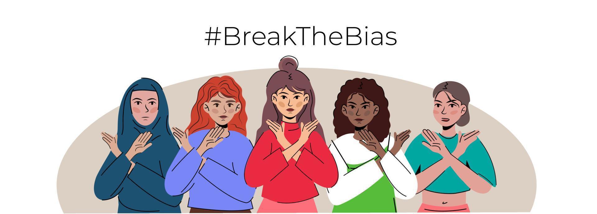 International Women's Day. Break The Bias campaign. March 8. different but equal girl crossed arms. vector