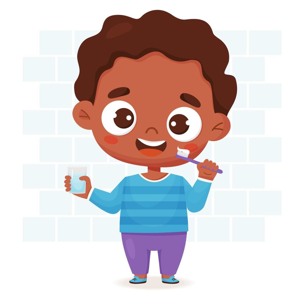 Cute dark-skinned boy brushes her teeth. Concept of hygiene, personal care and beauty. Vector illustration in cartoon style for design, decor, print and kids collection, postcards.