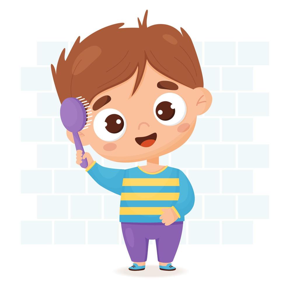 Cute baby boy combing her hair with comb. Care and beauty concept. Vector illustration in cartoon style for design, decor, print and kids collection, postcards.