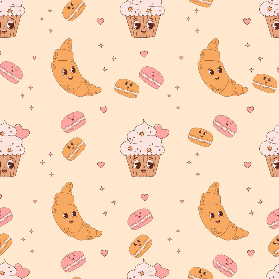Seamless pattern with cute pastry . Cartoon characters croissant, macaron and cake cupcake on yellow background. Vector Illustration for wallpaper, design, textile, packaging, decor, kids collection.