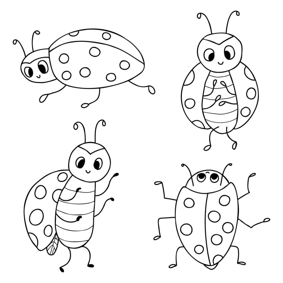 Collection ladybugs. Funny small insect. Vector illustration. Outline drawing. Isolated doodles ladybird for design, decor, kids collection, coloring book.