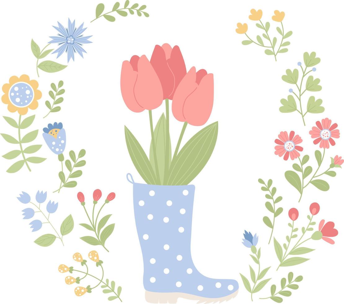 ramo de tulipanes en botas de goma y flores vector