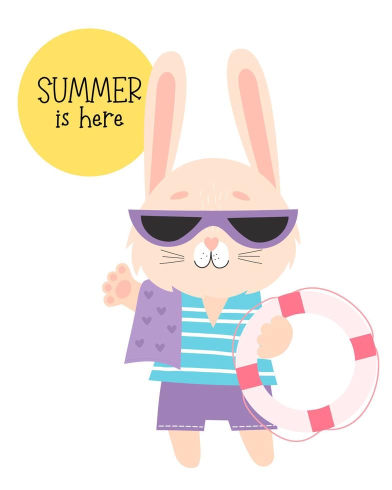 Summer card with cute beach bunny in sunglasses with lifebuoy. Vector illustration. Happy hare tourist character and slogan Summer is here. For design, print, postcards