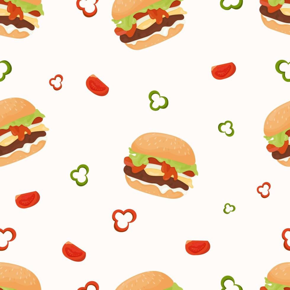 Seamless pattern with fast food hamburger on white background. Vector Illustration in flat cartoon style for wallpaper, design, textile, packaging, decor.