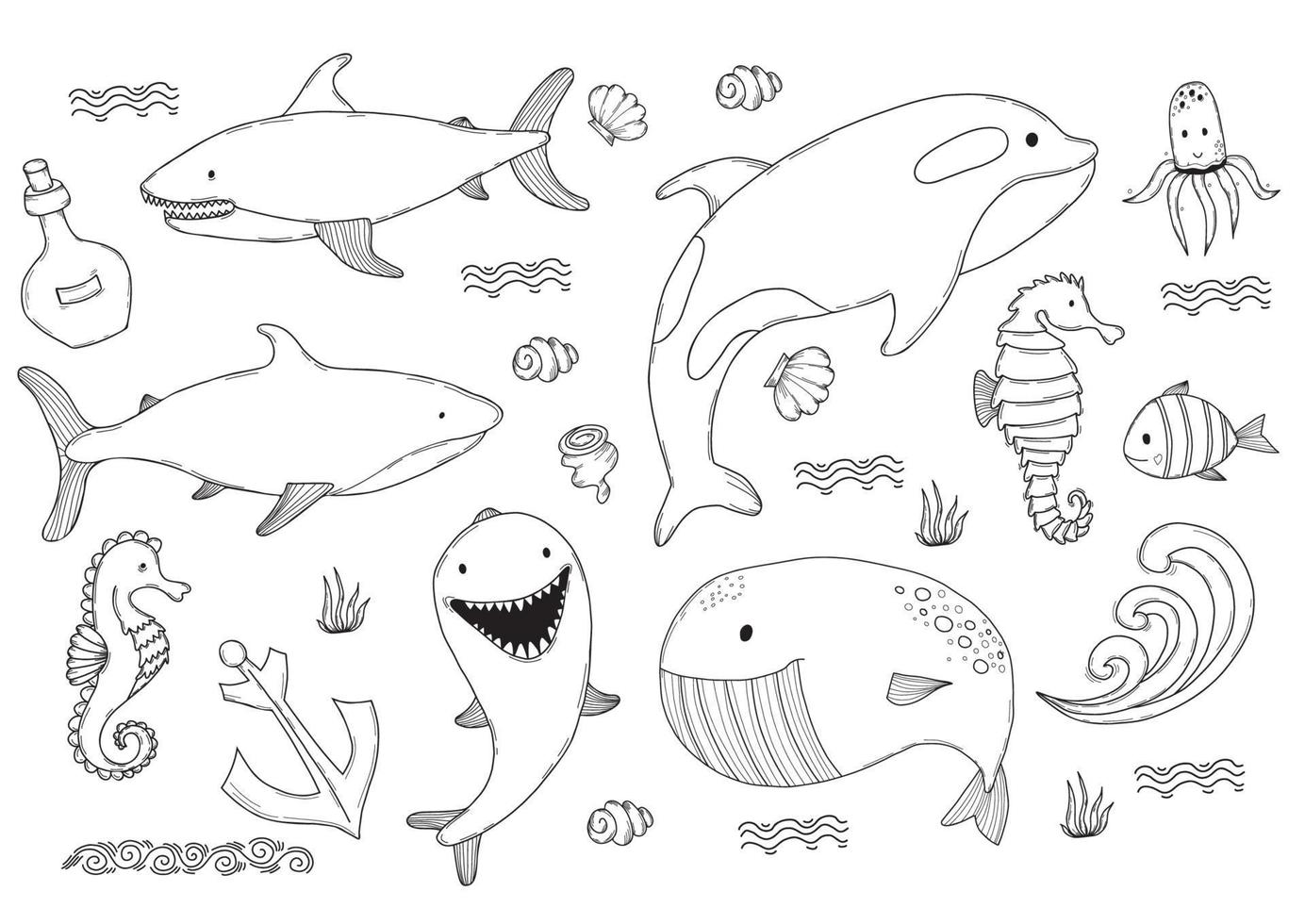 Set marine life. Cute big whale and shark, killer whale and dolphin, seahorse and fish, squid and shells. Vector outline illustration.