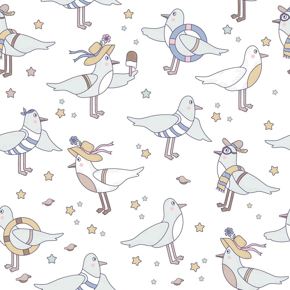 Seamless patterns with seabirds. Cute funny seagulls in beachwear on white background with seashells and starfish. Vector illustration