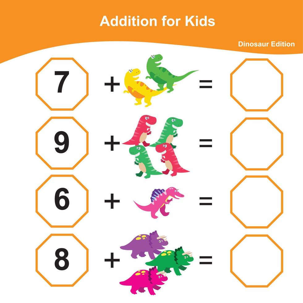 Addition Math Game for Preschool. Math Worksheet Edition. Educational printable math worksheet. Count and write activity. Vector illustration.