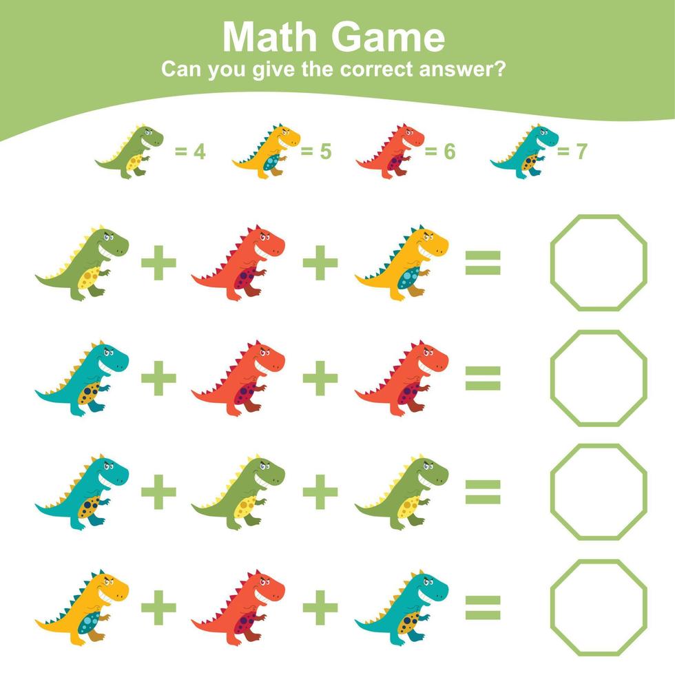 Dinosaurs theme Math Game worksheet. Mathematic activity for children. Educational printable math sheet. Additional and subtraction math for kids. Vector file.