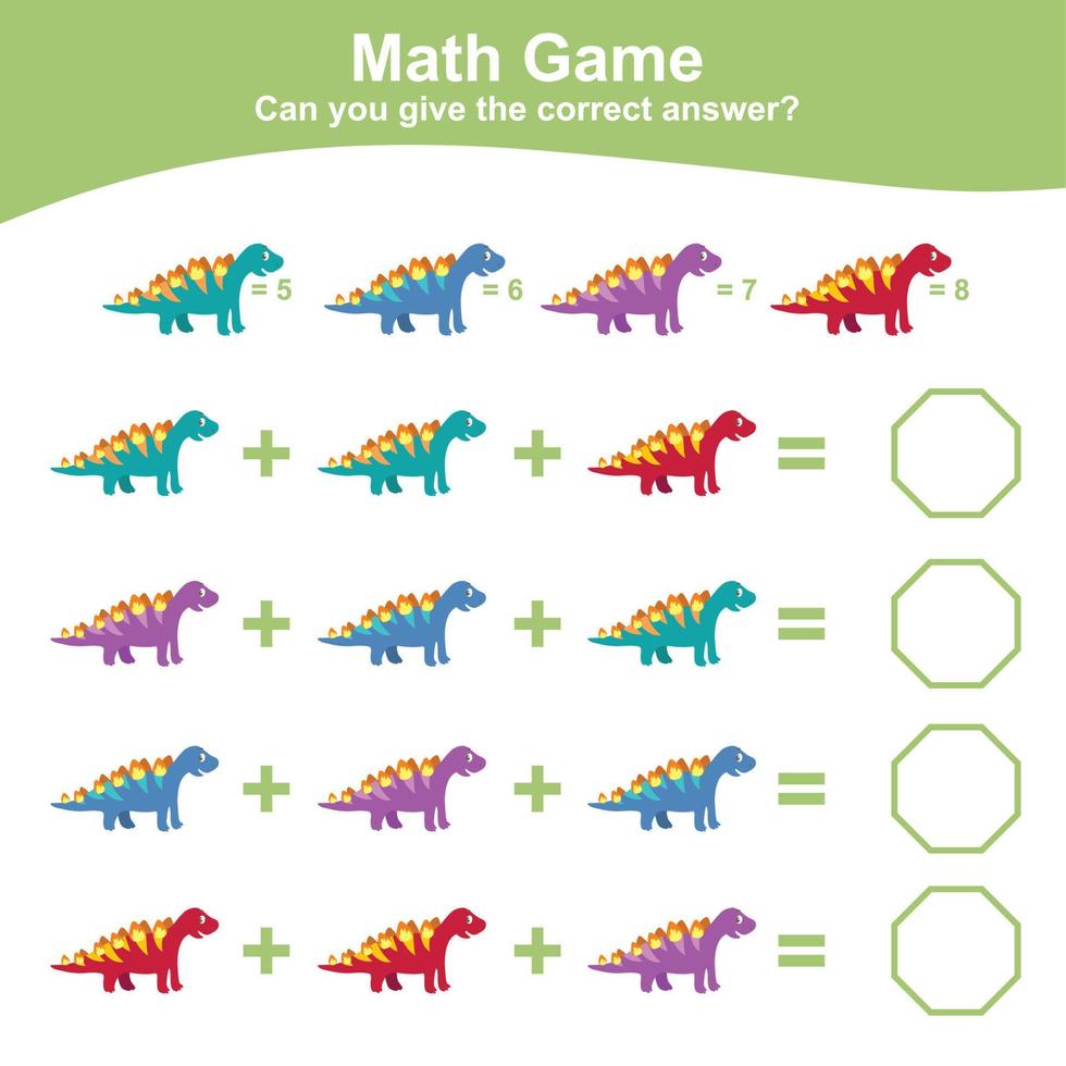 Dinosaurs theme Math Game worksheet. Mathematic activity for children. Educational printable math sheet. Additional and subtraction math for kids. Vector file.