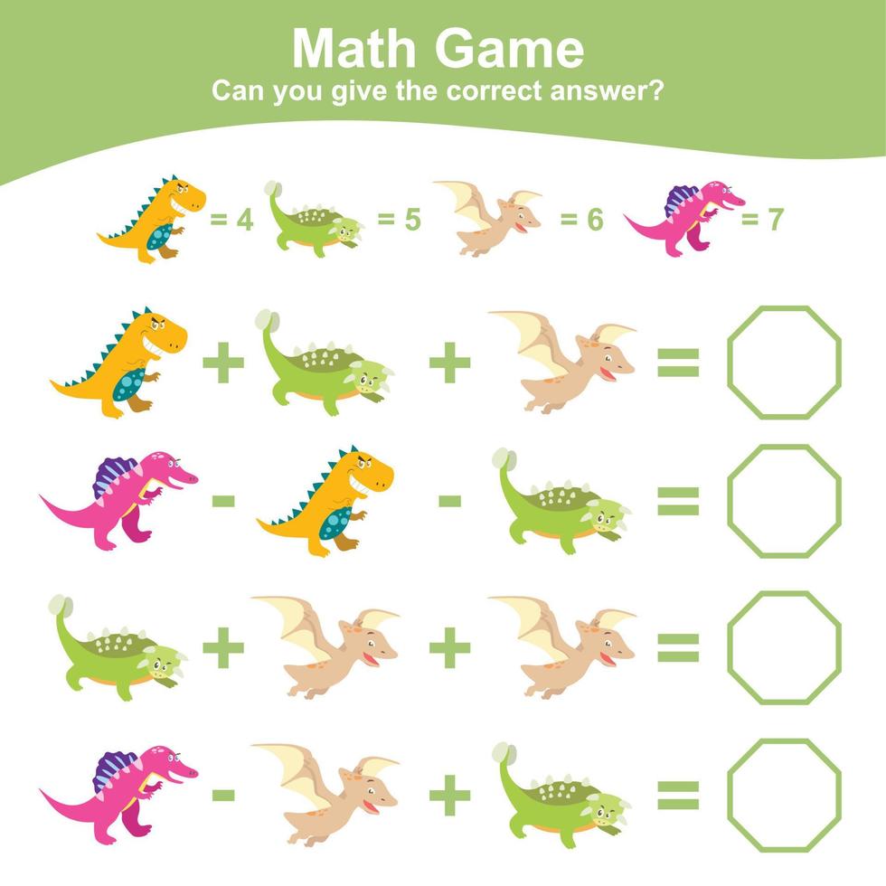 Dinosaurs theme Math Game worksheet. Mathematic activity for children. Educational printable math sheet. Additional and subtraction math for kids. Vector file.