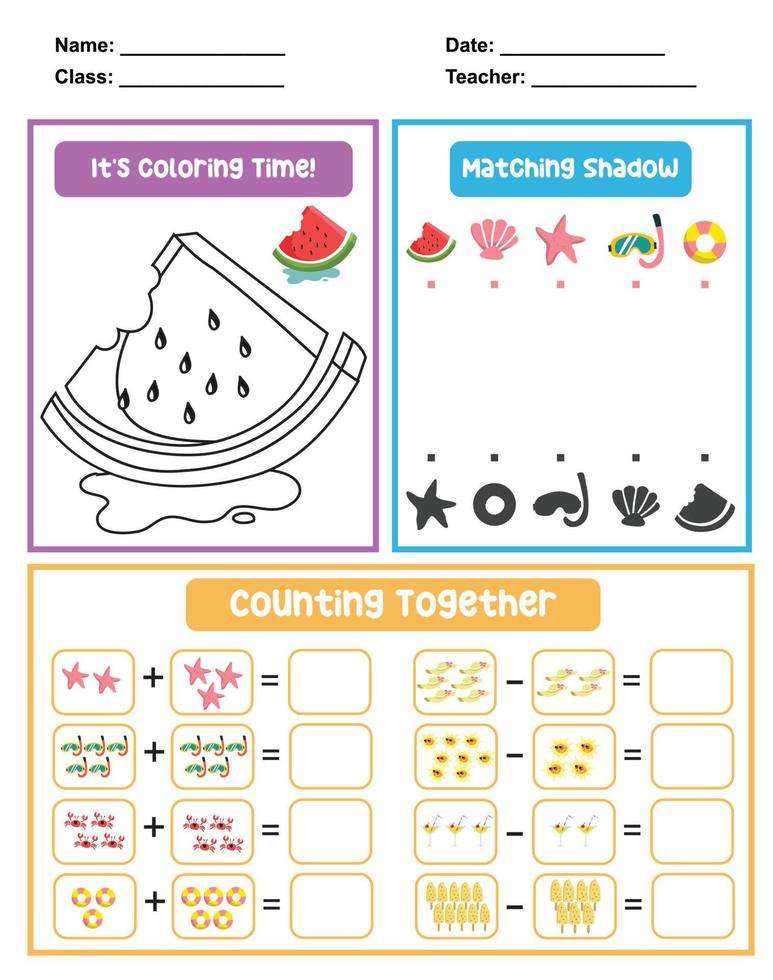 3 in 1 Activity Sheet for children. Educational printable worksheet for preschool. Coloring, counting and matching shadow. Vector File.