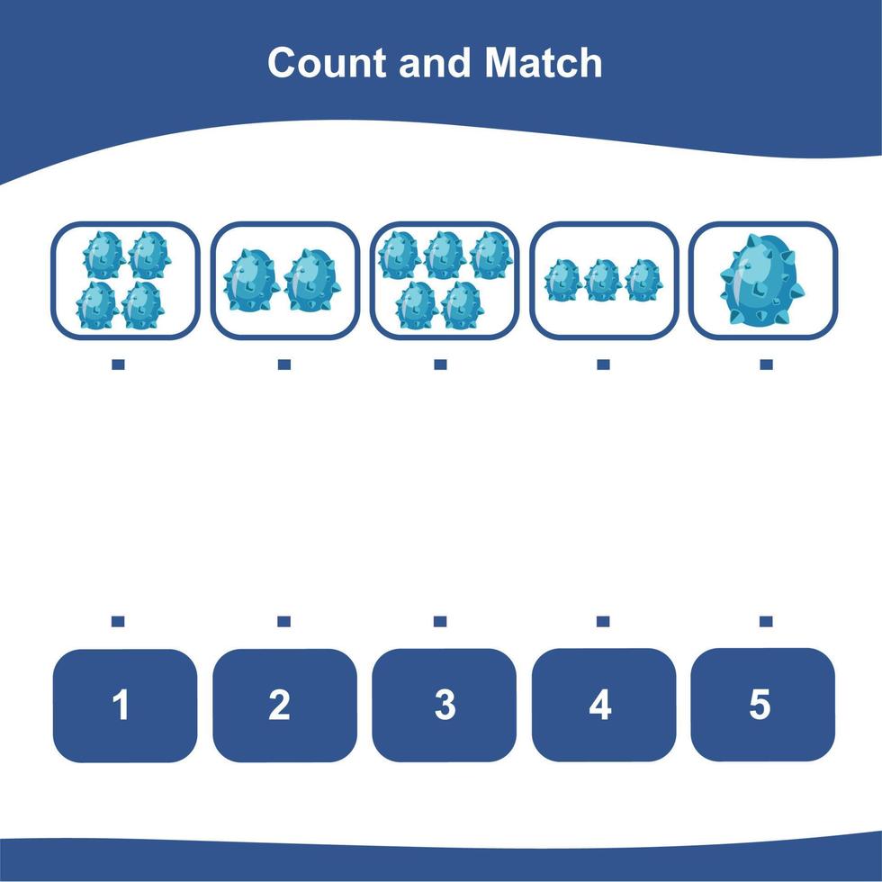 Counting and matching game for kids with Dinosaur eggs. Count and match worksheet. Educational printable math worksheet. Vector illustration.