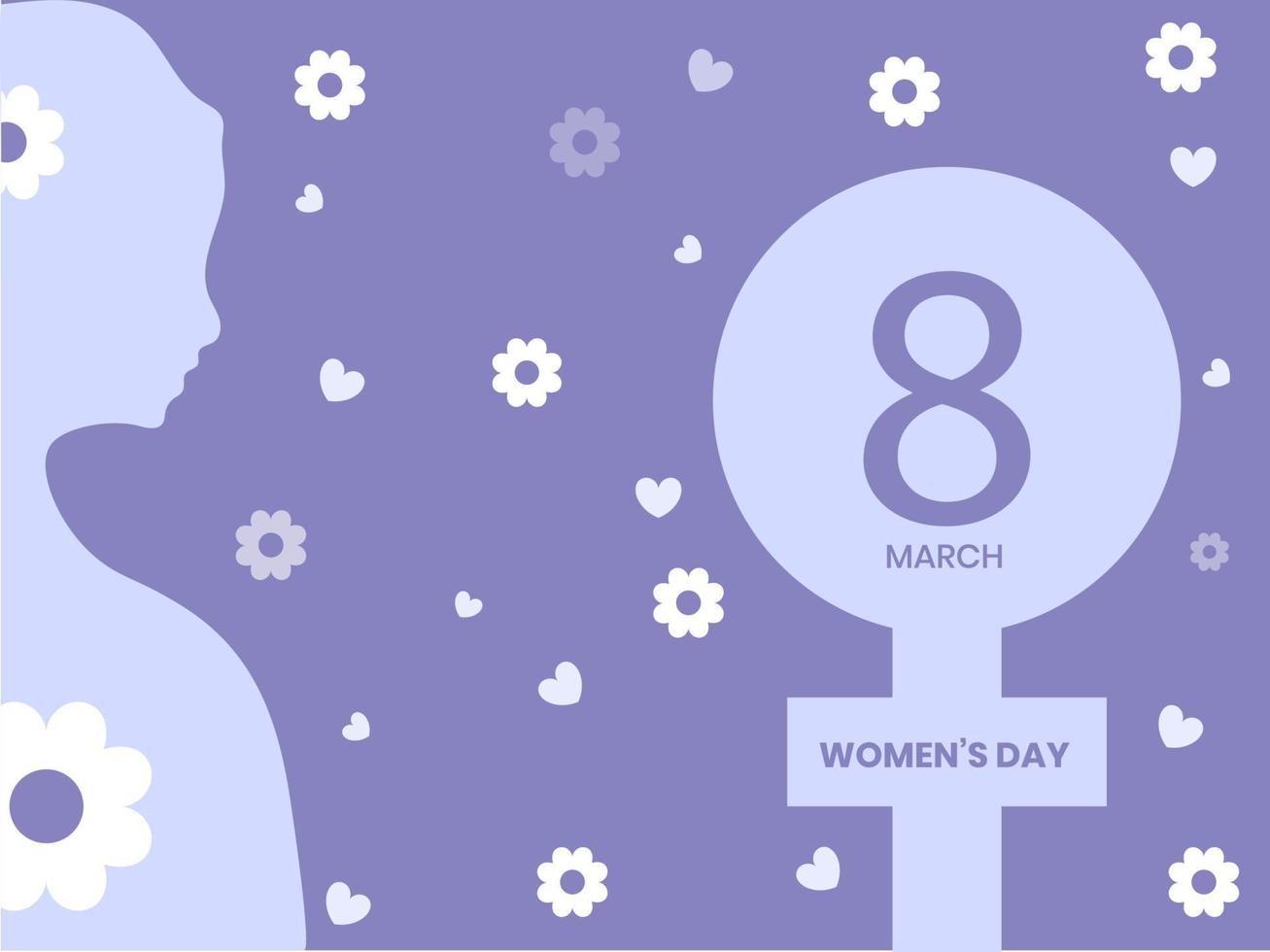 8 March, Women's Day Text With Female Gender Sign, Hearts And Flowers Decorated On Blue Background. vector