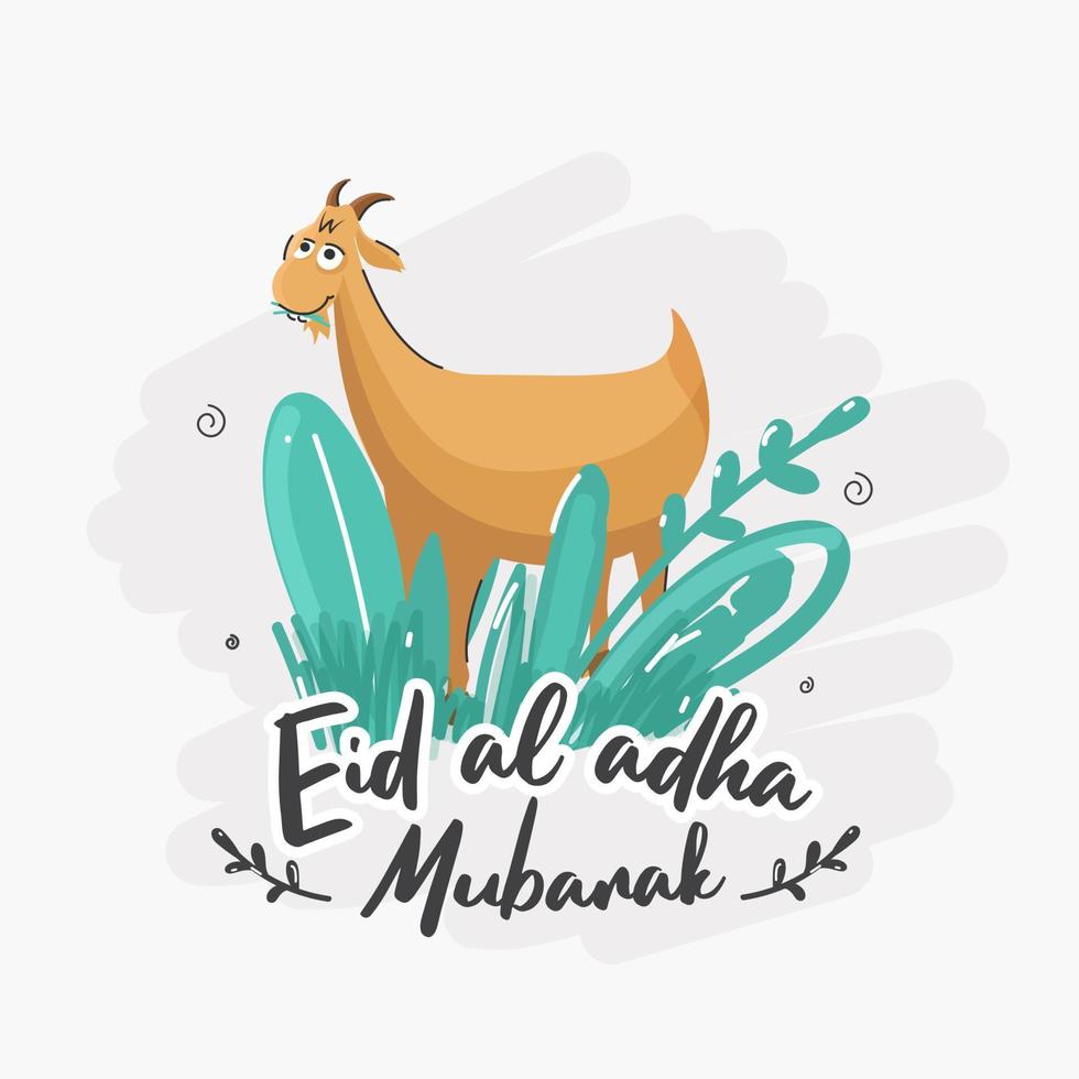 Doodle Style Illustration of Cartoon Goat with Green Grass or Leaves on White Background for Eid-Al-Adha Mubarak. vector
