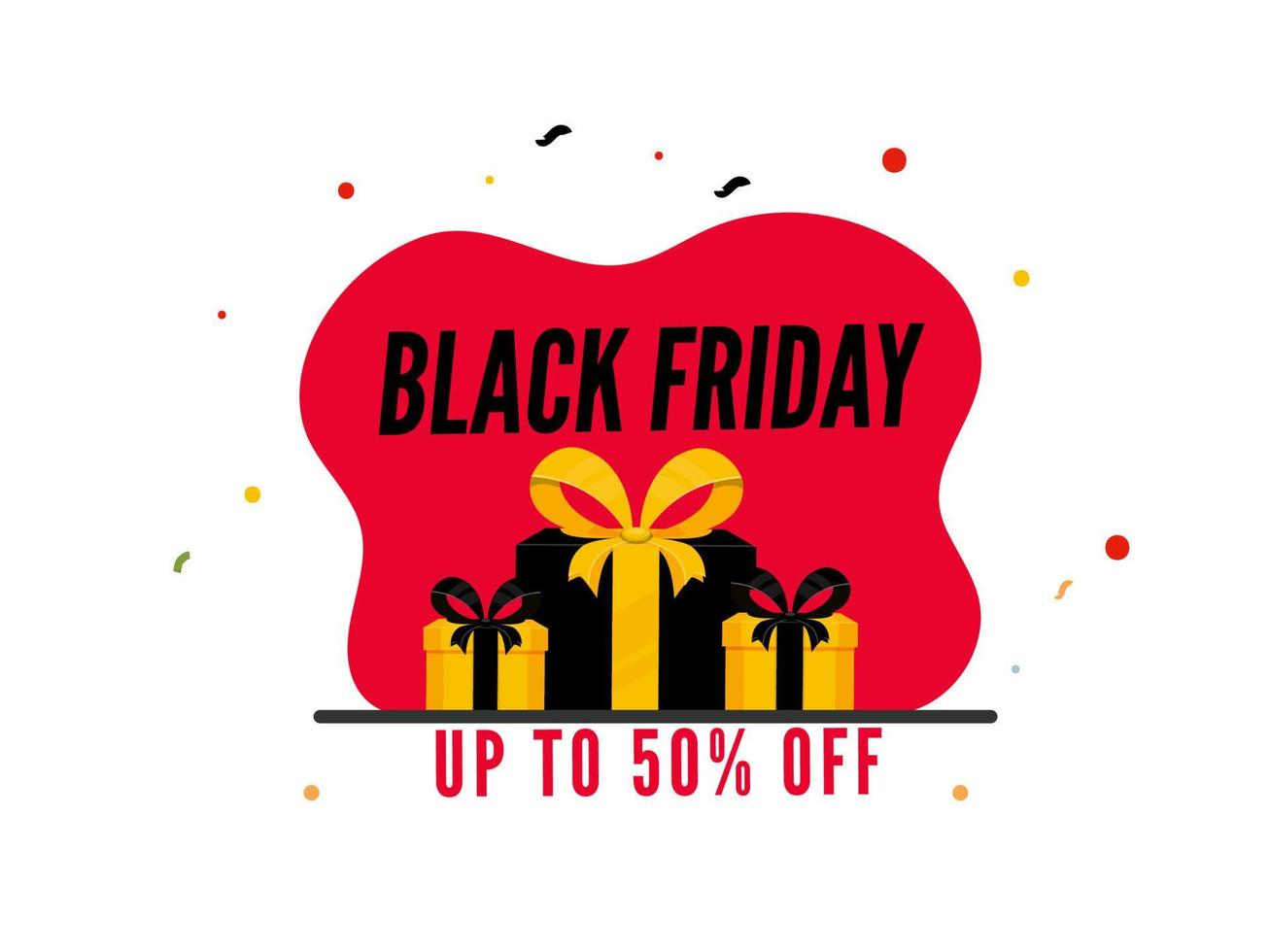 Black Friday Sale Poster Design with 50 Discount Offer and Gift Boxes on Red and White Background. vector