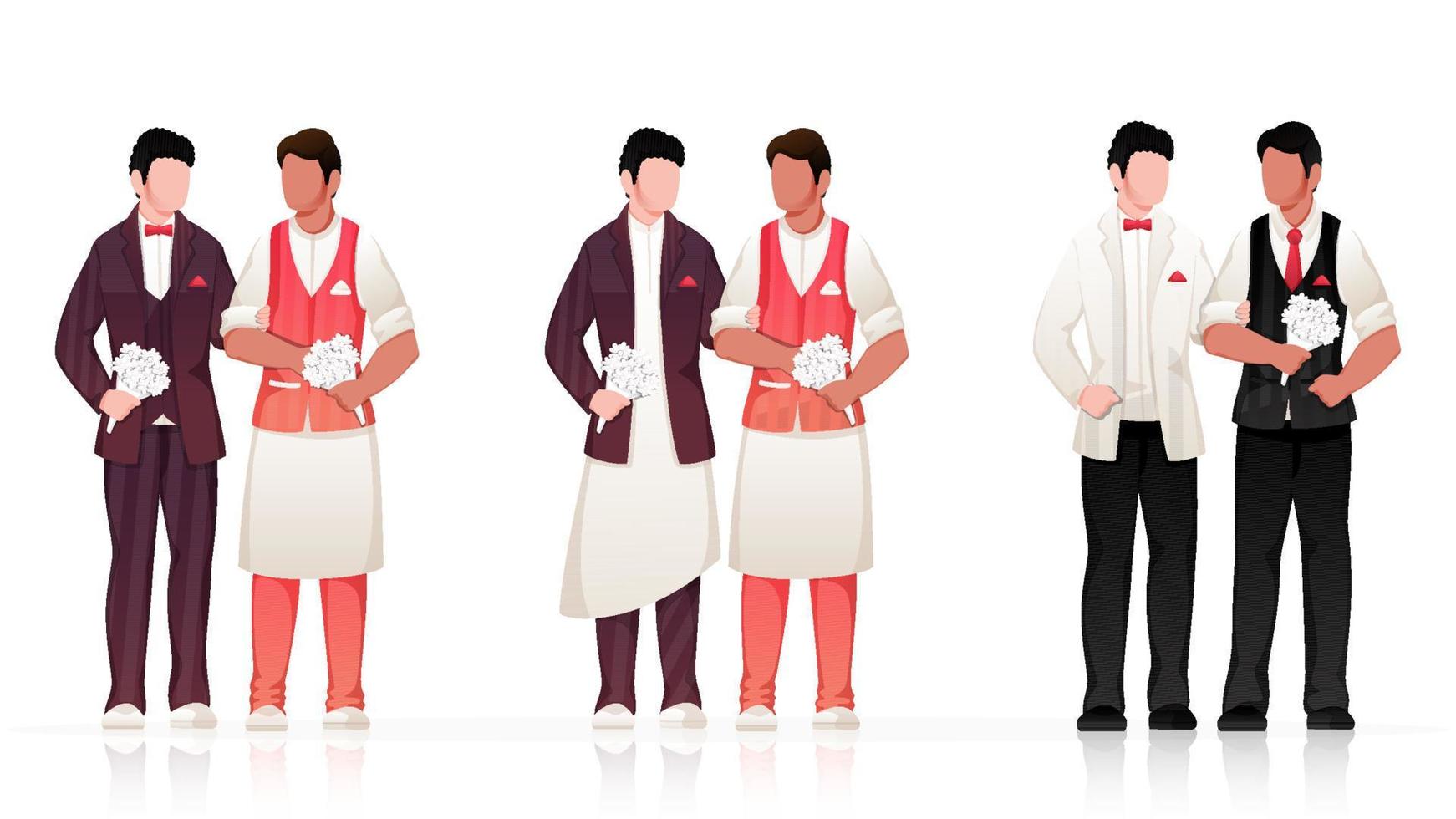 Wedding Gay Couple Character in Three Options. vector