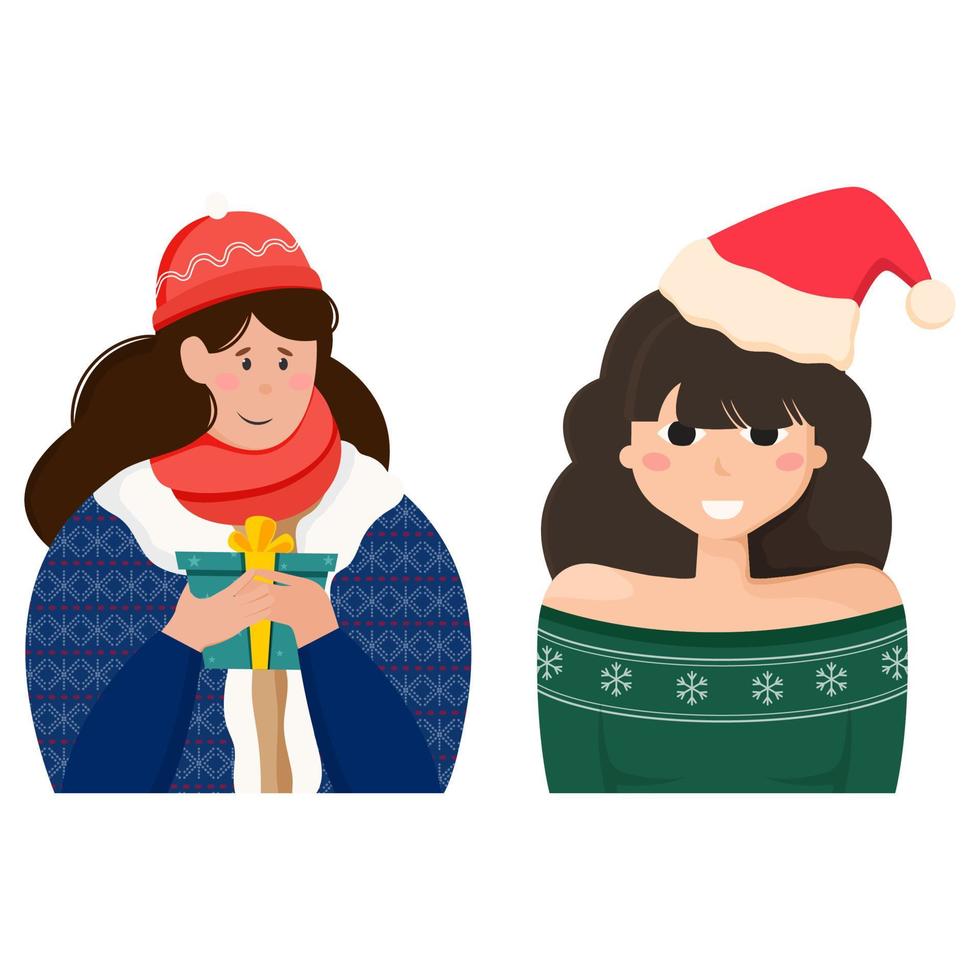 dibujos animados dos joven muchachas personaje vistiendo de lana paño con un regalo caja en blanco antecedentes. vector