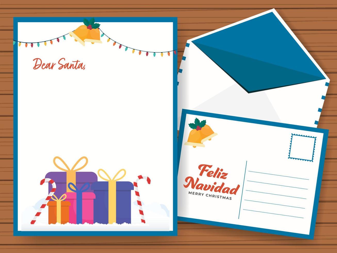Merry Christmas Greeting Card With Double-Sides Envelope For Dear Santa. vector