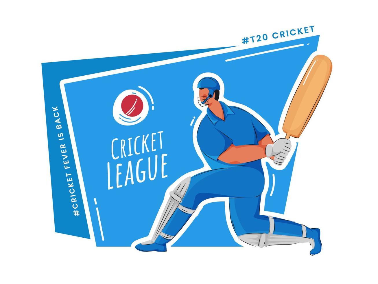 t20 Grillo liga póster diseño con dibujos animados bateador personaje en jugando actitud en azul y blanco antecedentes. vector