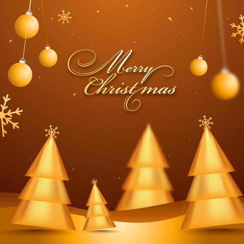 Merry Christmas Font with 3D Golden Glossy Xmas Trees, Snowflakes and Hanging Baubles on Brown Background. vector