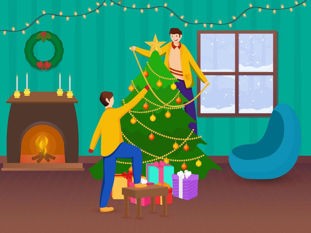 Young Boys Decorated Xmas Tree Together With Gift Boxes And Fireplace In Interior View For Merry Christmas Celebration. vector