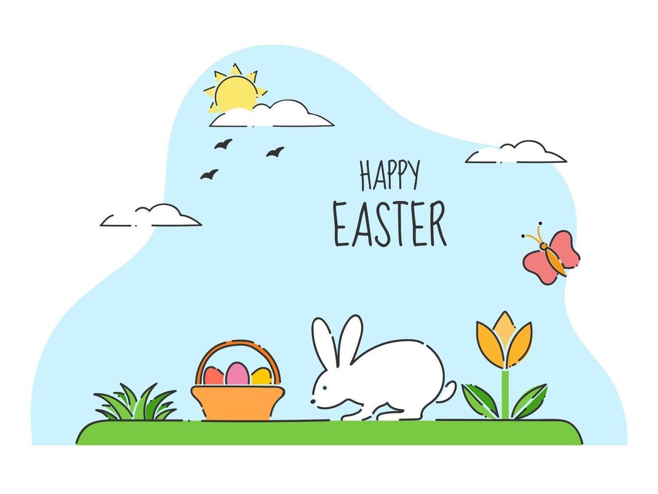 Happy Easter Celebration Concept with Cute Bunny Walking and Egg Basket on Sun Garden View Background. vector