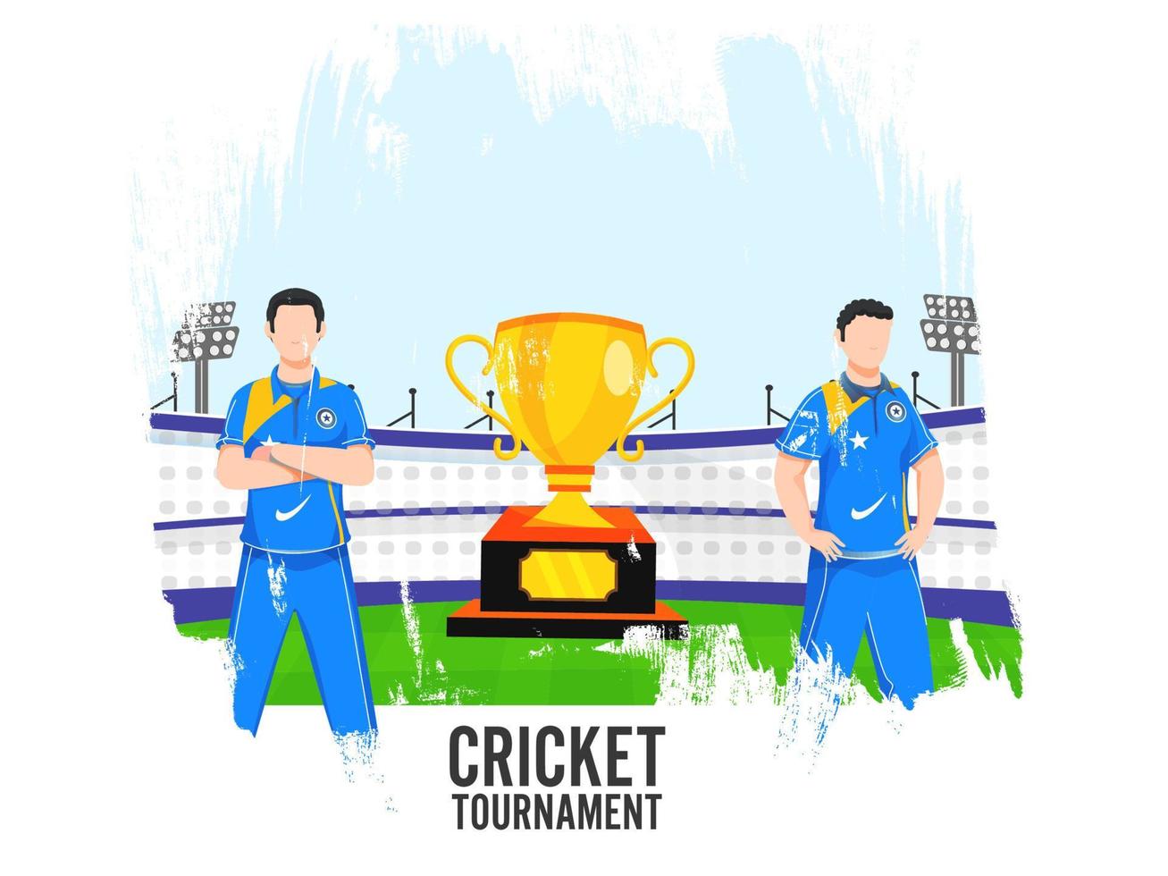 Faceless Indian Players Character with Trophy Cup on Brush Stroke Effect Stadium Ground for Cricket Tournament. vector