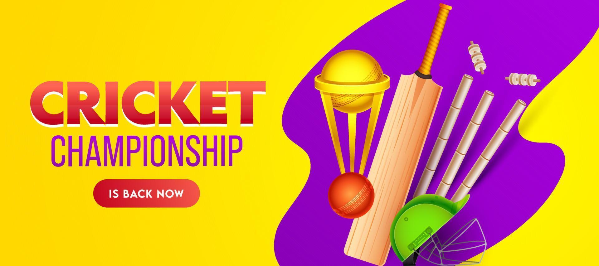 Cricket Championship Banner Design with Golden Trophy Cup and Realistic Equipments on Yellow and Purple Background. vector