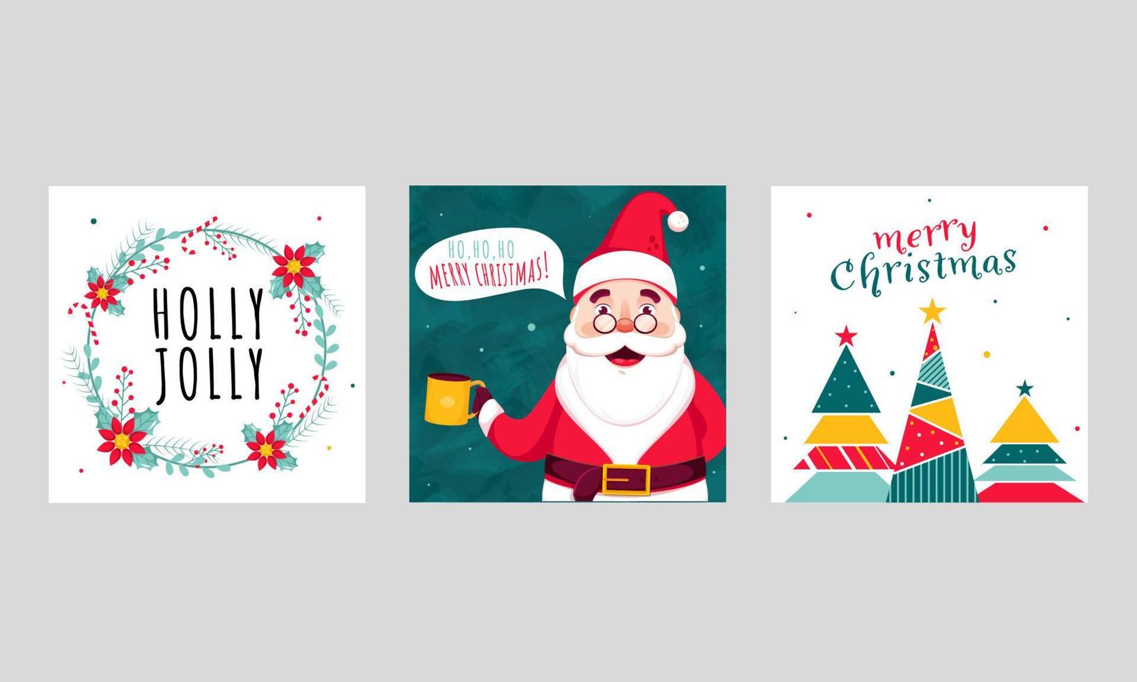 Merry Christmas and Holly Jolly Poster Design with Floral Wreath, Xmas Trees and Cartoon Santa Claus Holding Cup. vector